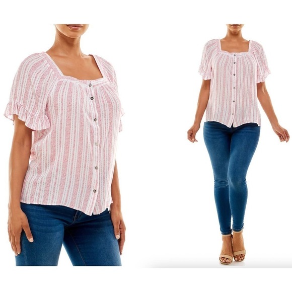 Adrienne Vittadini Striped Square Neck Flutter Sleeve Printed Top Small - Picture 5 of 5